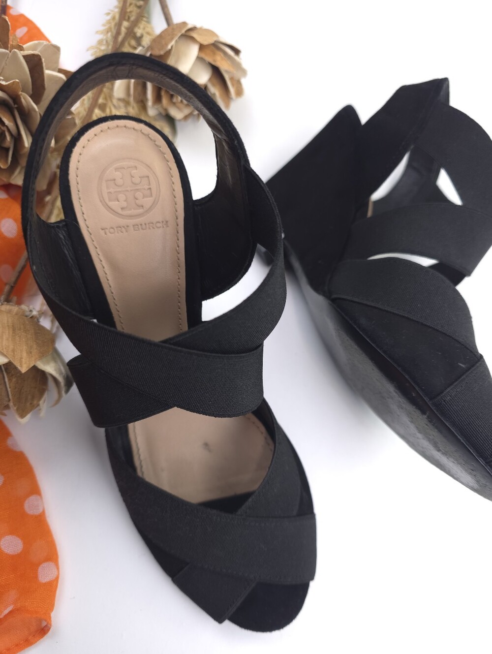 Tory Burch Black Crisscross Open-Toe Slingback Heels Sz 8m - Picture 2 of 8